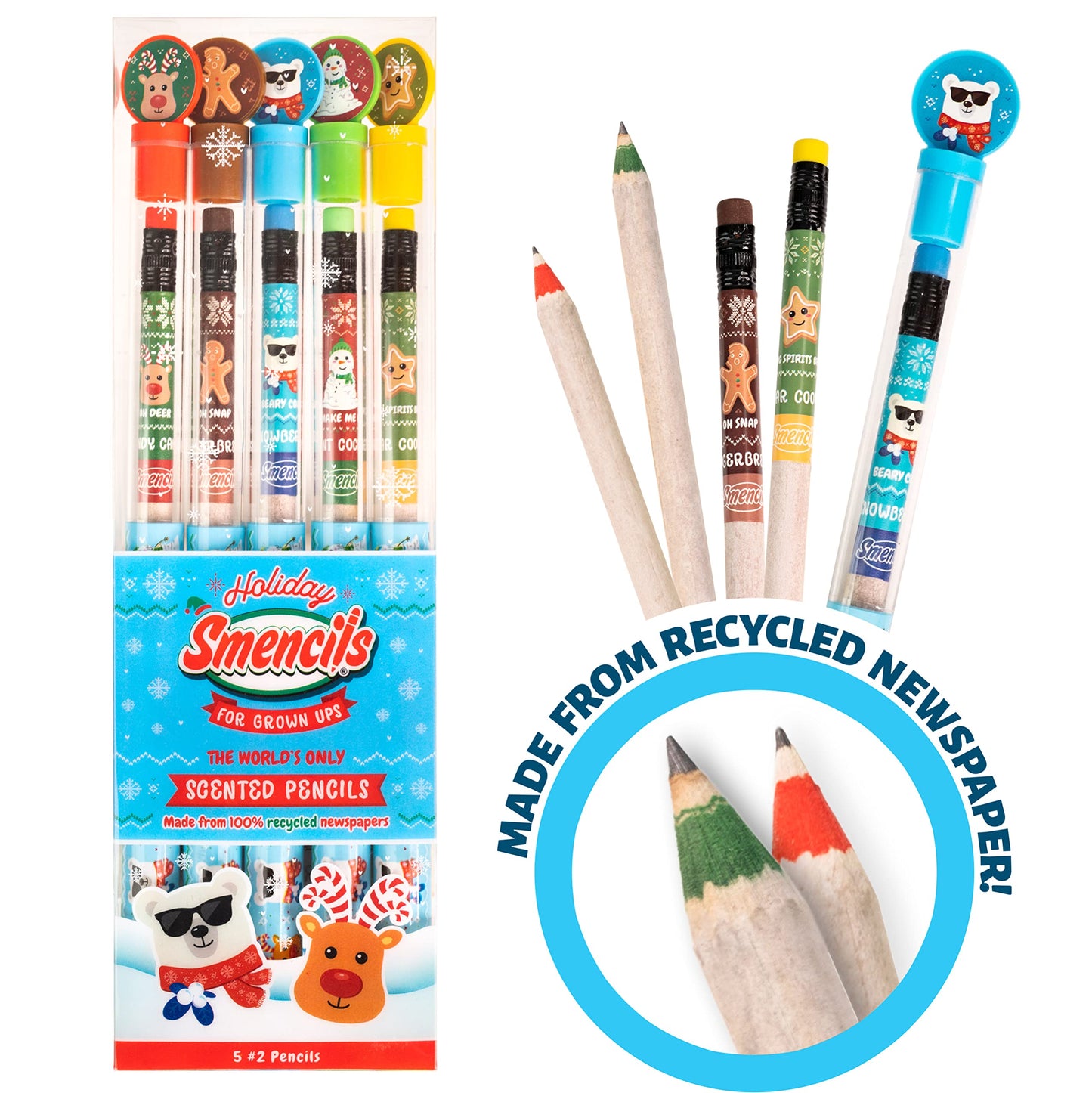 Holiday Smencils for Grown Ups - HB #2 Patented Gourmet Scented Fun Pencils, 5 Count - Stocking Stuffer, White Elephant Gifts fo