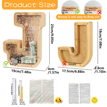 weallbuy Large Letter Piggy Bank for Kids Boys Girls Wooden Personalized Piggy Banks A-Z with Target Area Clear Alphabet Banknote Coin Banks for Gift Decoration Baptism (J)