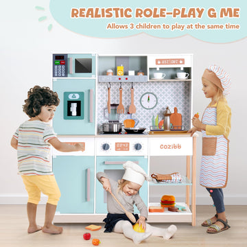 Wooden Play Kitchen For Kids Toddlers, Kitchen Playset With Stove, Oven, Sink, Fridge And Accessories Toy Kitchen Set With Plent