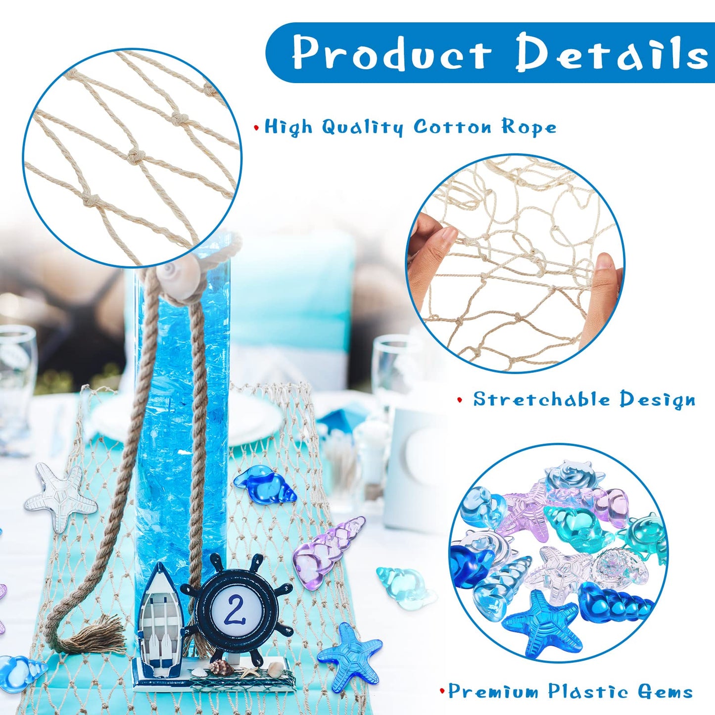 Tudomro Mermaid Fishing Net Decor Table Runner Wall Hanging Fishnet For Party Decorations,38 X 67 Inches Beach Ocean Themed Cott
