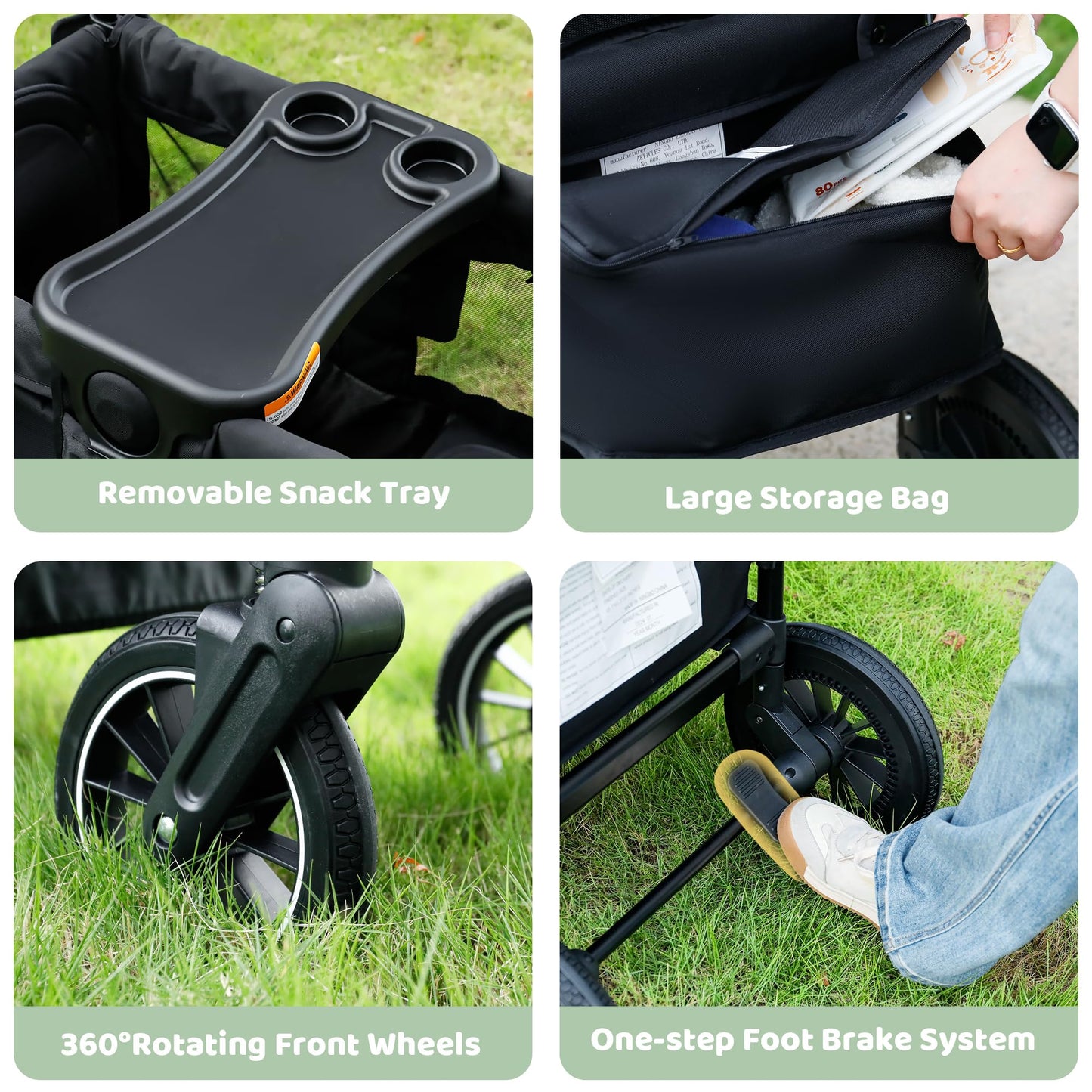 TODEFULL Wagon Stroller for 2 Kids All-Terrain Stroller Wagon Foldable Kids Wagon Cart Featuring with Harnesses Adjustable Double Push Handle Removable Canopy Snack Tray Large Storage Bag Black