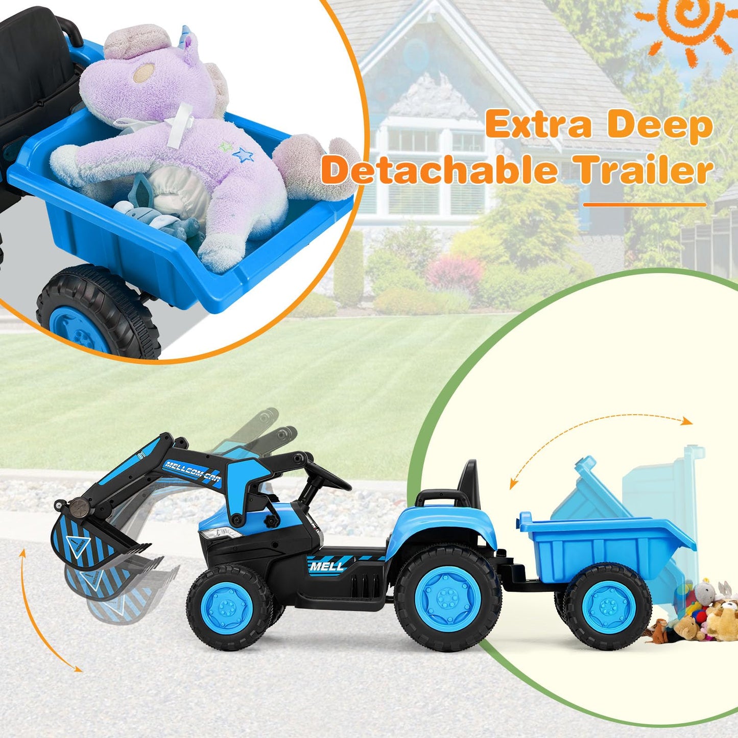 Mellcom Ride On Excavator, Kids Car With Parent Remote, 12V Battery Powered Ride On Car With Trailer, Kids' Electric Vehicles Wi