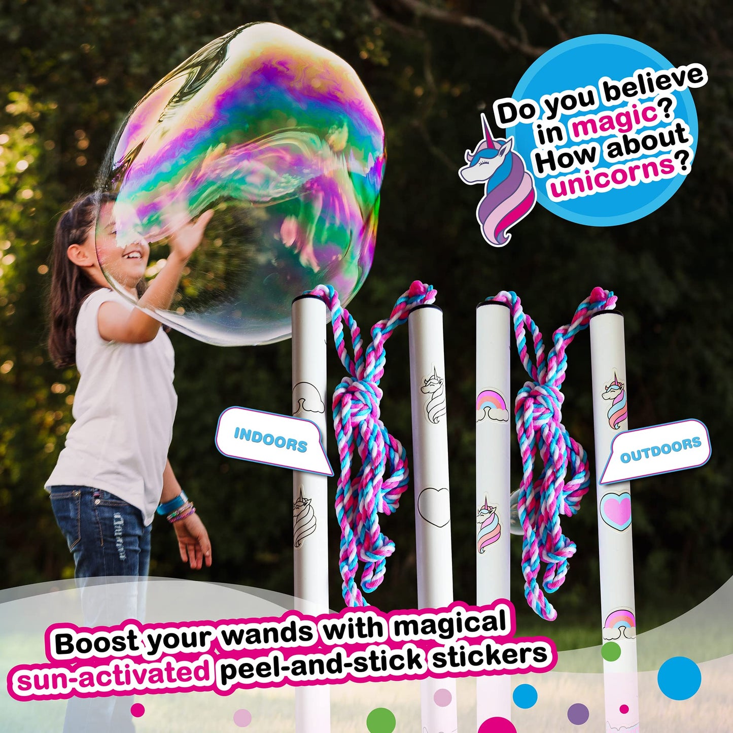Wowmazing Giant Bubble Kit: Unicorn - Incl. Wand, 2 Big Bubble Concentrate Pouches And 8 Sun-Activated Magical Stickers | Outdoo