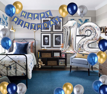 12Th Birthday Party Decoration For Boys, Birthday Banner Blue Number 12 Birthday Balloons Metallic Silver Blue Gold Latex Balloo