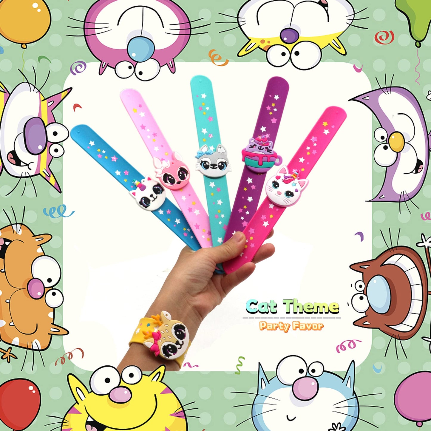 PAITUEND Cat Theme Slap Bracelets Party Favors- Cat Silicone Wristbands (6pack) for Boys&Girls Birthday&Cat Theme Party Supplies