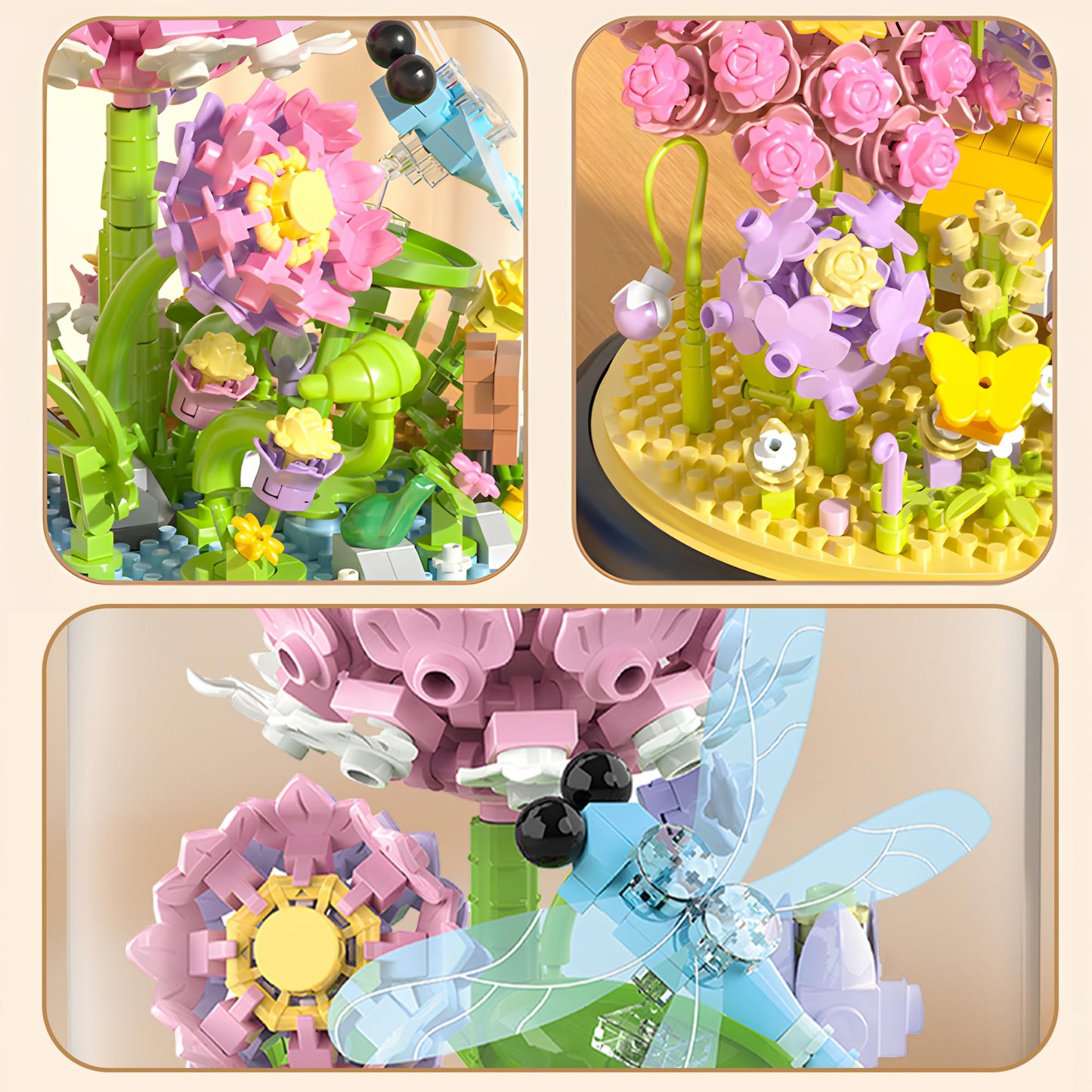 Hi-Reeke Flower Dragonfly Bouquet Building Block Set, Micro Mini Botanical Building Toy For Women-568 Pcs