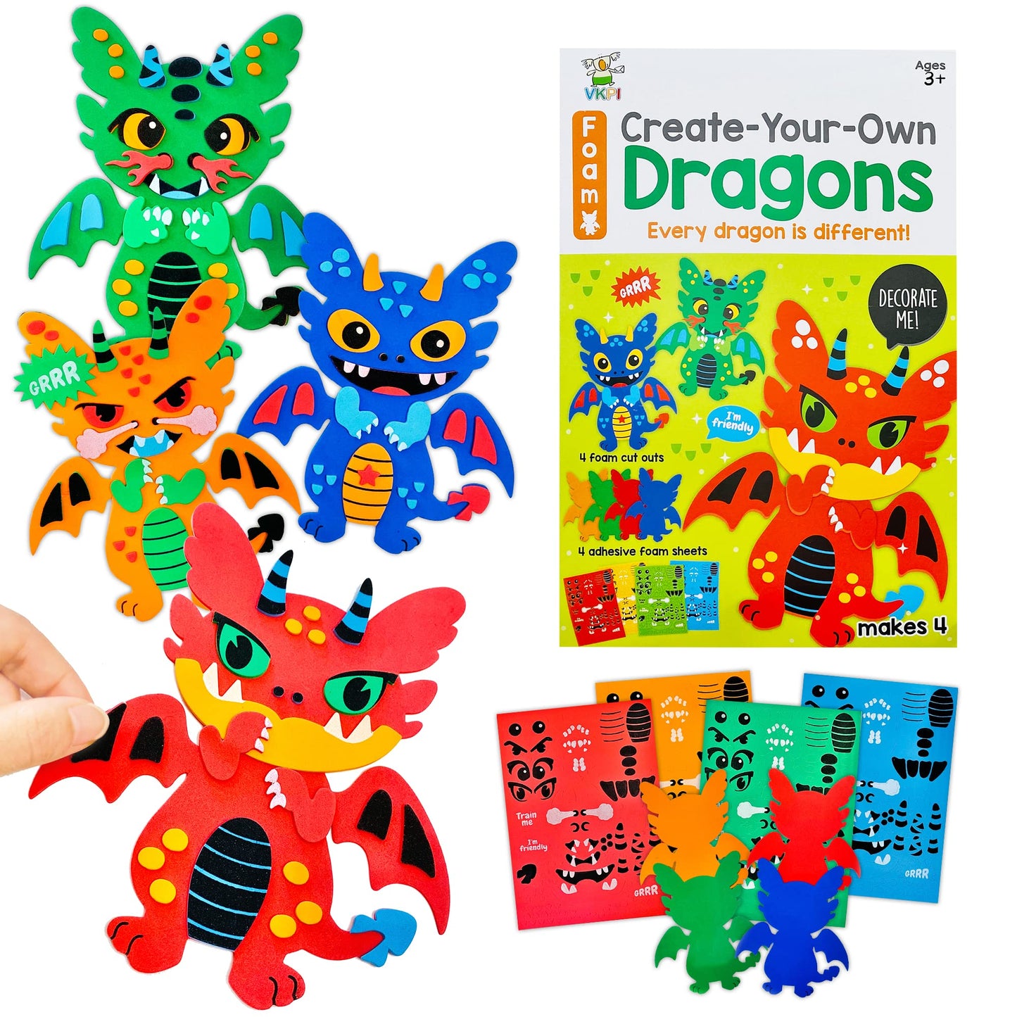 Vkpi 4 Pieces Eva Foam Art Crafts Gift Kit, Creative Make Your Own Dragon, Cartoon Foam Paper Craft Projects For Kids Ages 4+ To
