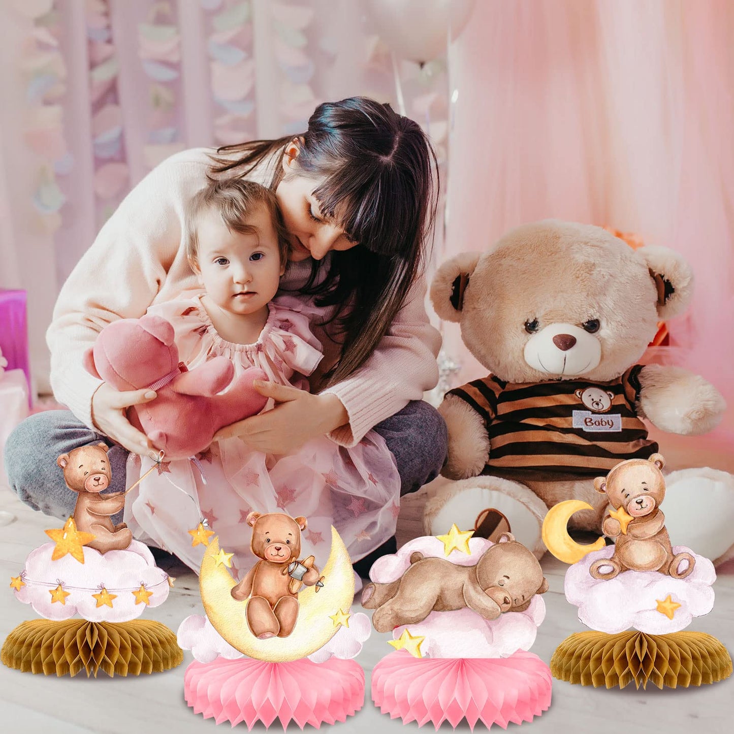 9 Pcs Bear Baby Shower Honeycomb Centerpieces Party Decorate Pink Little Bear Balloons Paper Topper Honeycomb 3D Table Decoration For Kids Party Baby Shower Party Supplies