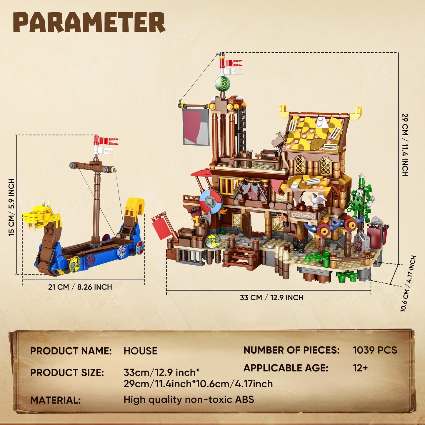 Driveplexpro Viking Pirate Ship Building Blocks, Viking-Themed Building Set House & Ship Model Kit, Classic Toys Creative Constr