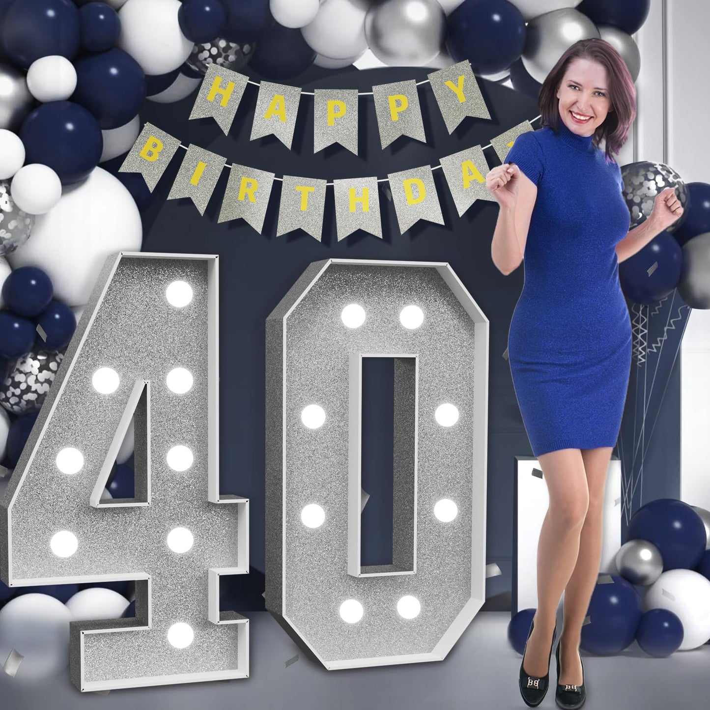 Marquee Numbers Silver 40Th-Birthday Decorations: Large 3Ft Light Up Number Grey 40 Birthday Decoration For Women Men Forty Year