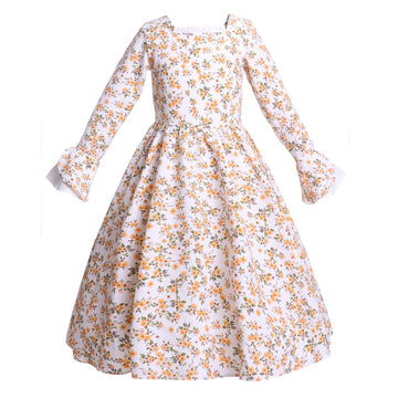 Mikan Tsumiki Colonial Costume Girls Pioneer Dress Prairie Dresses Girl Floral Pilgrim Outfit With Sailor Collar, Beige, Medium