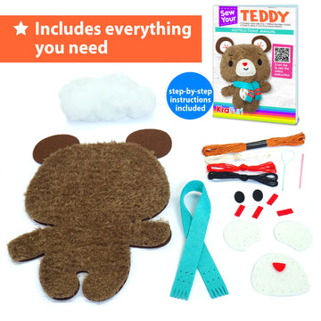 Krafun Teddy Bear Animal Sewing Kit For Kids Beginner My First Art & Craft, Includes Teddy Doll Stuffed Doll, Instructions & Plush Felt Materials For Learn To Sew, Embroidery, Age 7 8 9 10 11 12