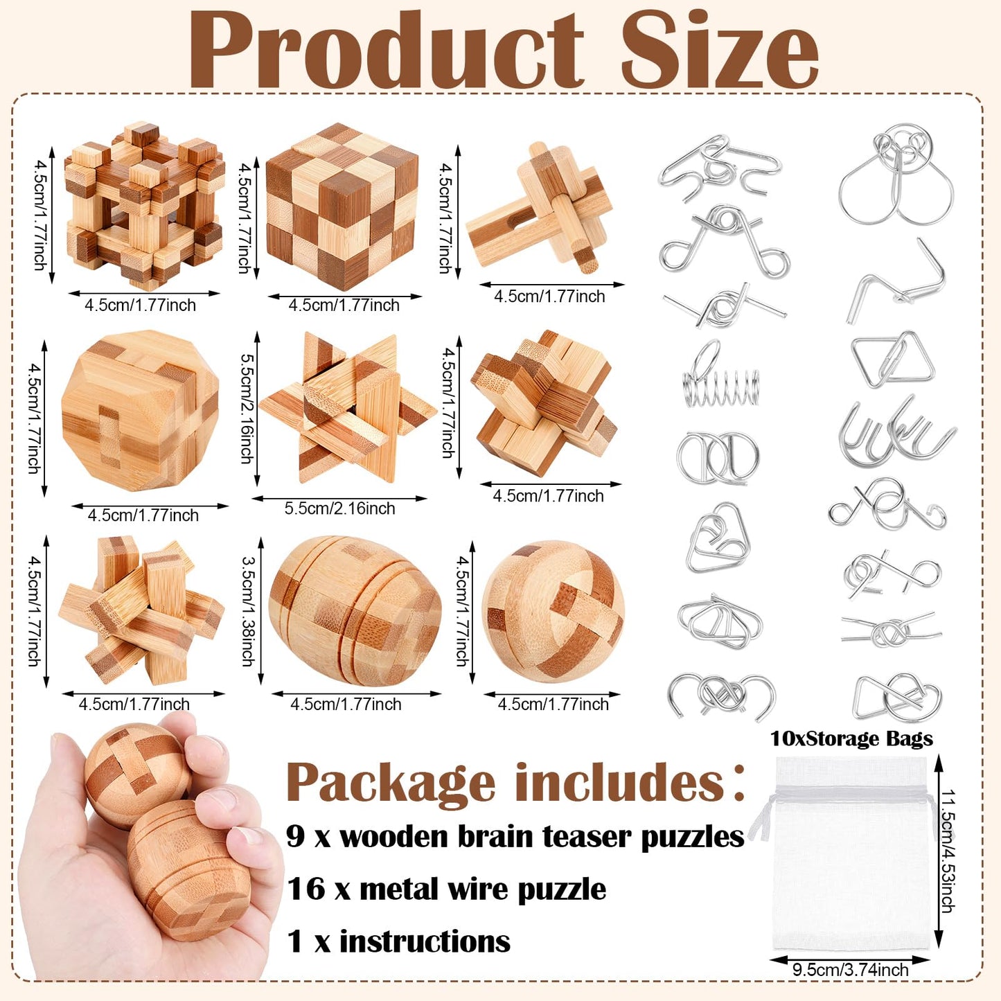 25 Pcs Wooden Brain Teaser Puzzles Metal Wire Puzzle Set, 3D Unlock Interlock Game Iq Test Toy Mind Game Toys Brain Teaser Toy P