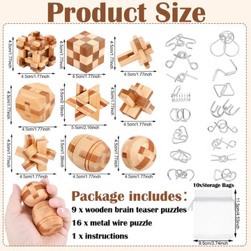 25 Pcs Wooden Brain Teaser Puzzles Metal Wire Puzzle Set, 3D Unlock Interlock Game Iq Test Toy Mind Game Toys Brain Teaser Toy P