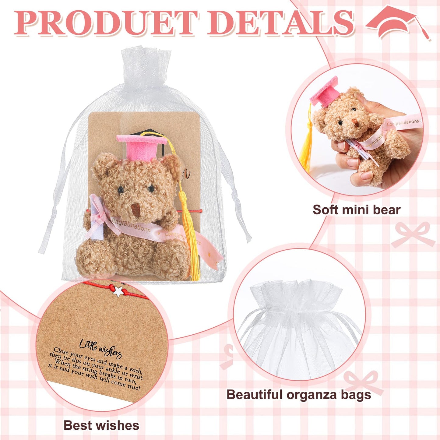 Motionchic 50 Pcs 2025 Kindergarten Graduation Bear Bulk Set with 25 Graduation Gift Mini Stuffed Bears 25 Wish Bracelet Organza
