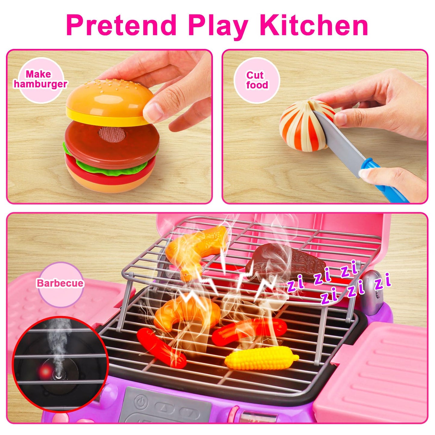 Girls BBQ Grill Playset with Pretend Smoke Sound Light Kids Pink Kitchen Toy Age 2-4 3-5 4-8 Toddler Camping Cooking Set Play Fo
