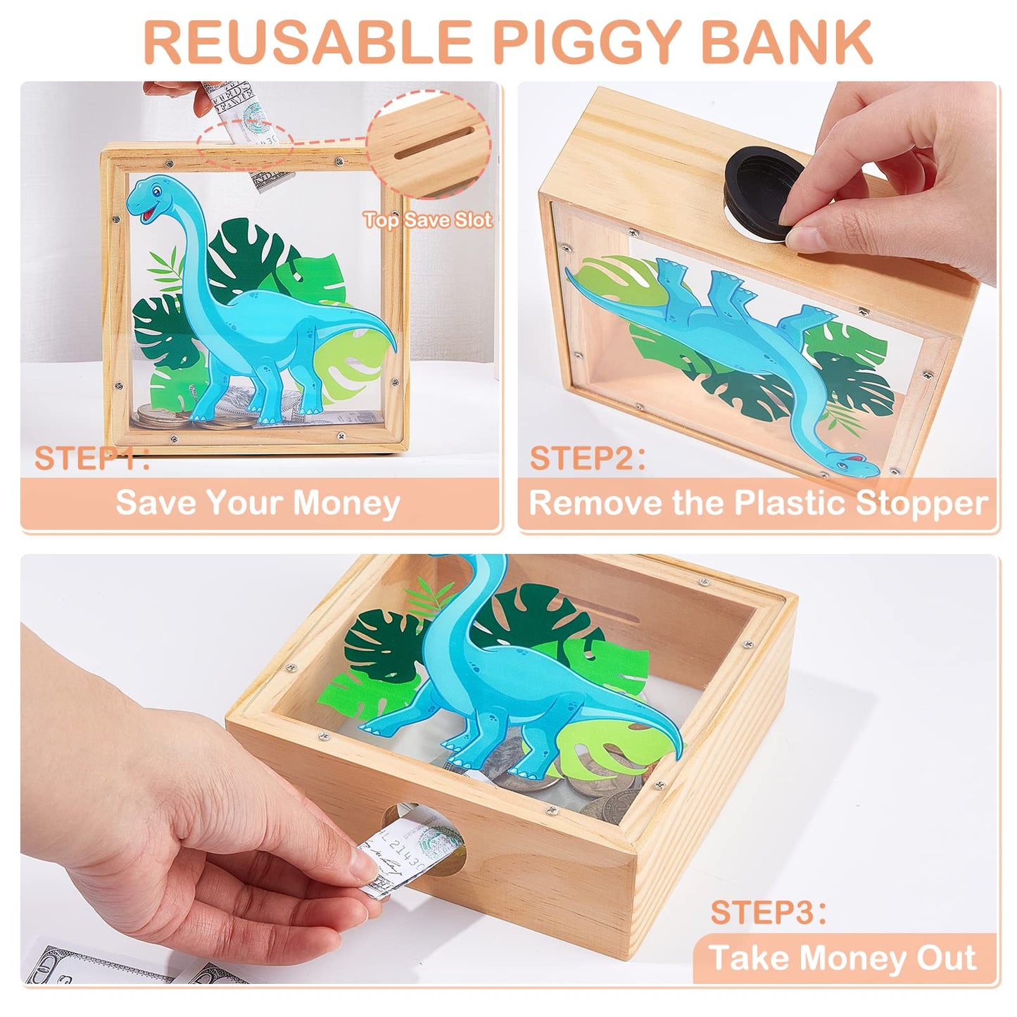 Piggy Bank For Boys, Wooden Dinosaur Piggy Bank For Kids Cartoon Money Bank Coin Bank With Diy Alphabet Stickers, Blue