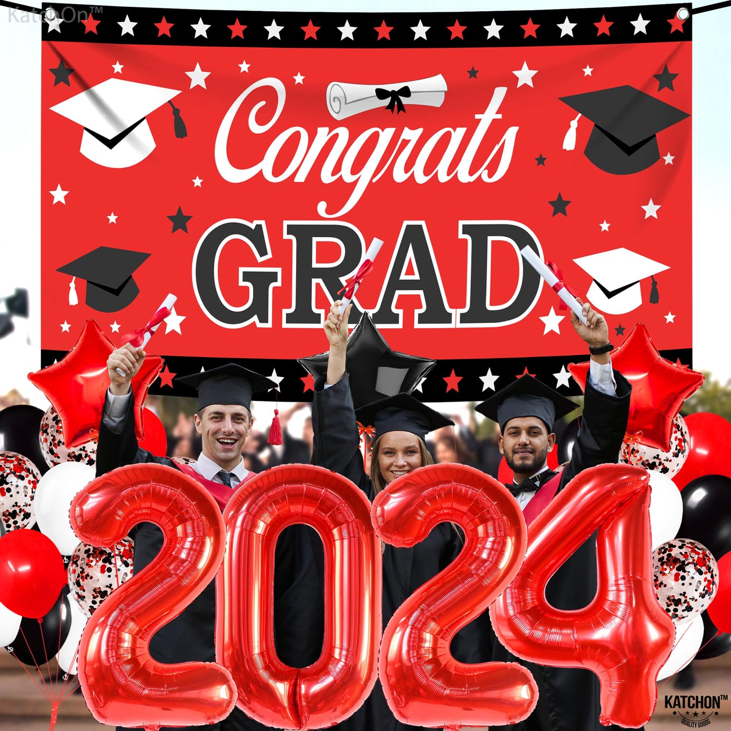 Katchon, Red And Black Graduation Decorations 2025 Set - Pack Of 40 | Red 2025 Balloons, Congrats Grad Banner | Graduation Decorations Class Of 2025 Red And Black | 2025 Graduation Party Decorations
