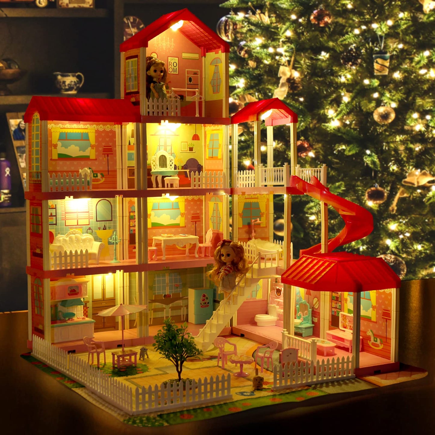 Hcfjeh Dollhouse Play House For Dream Girls Birthday Doll House With Lights & Two Dolls & Furniture Accessories, Toddler Diy Princess House Playhouse Pretend Set Toys (11 Room)