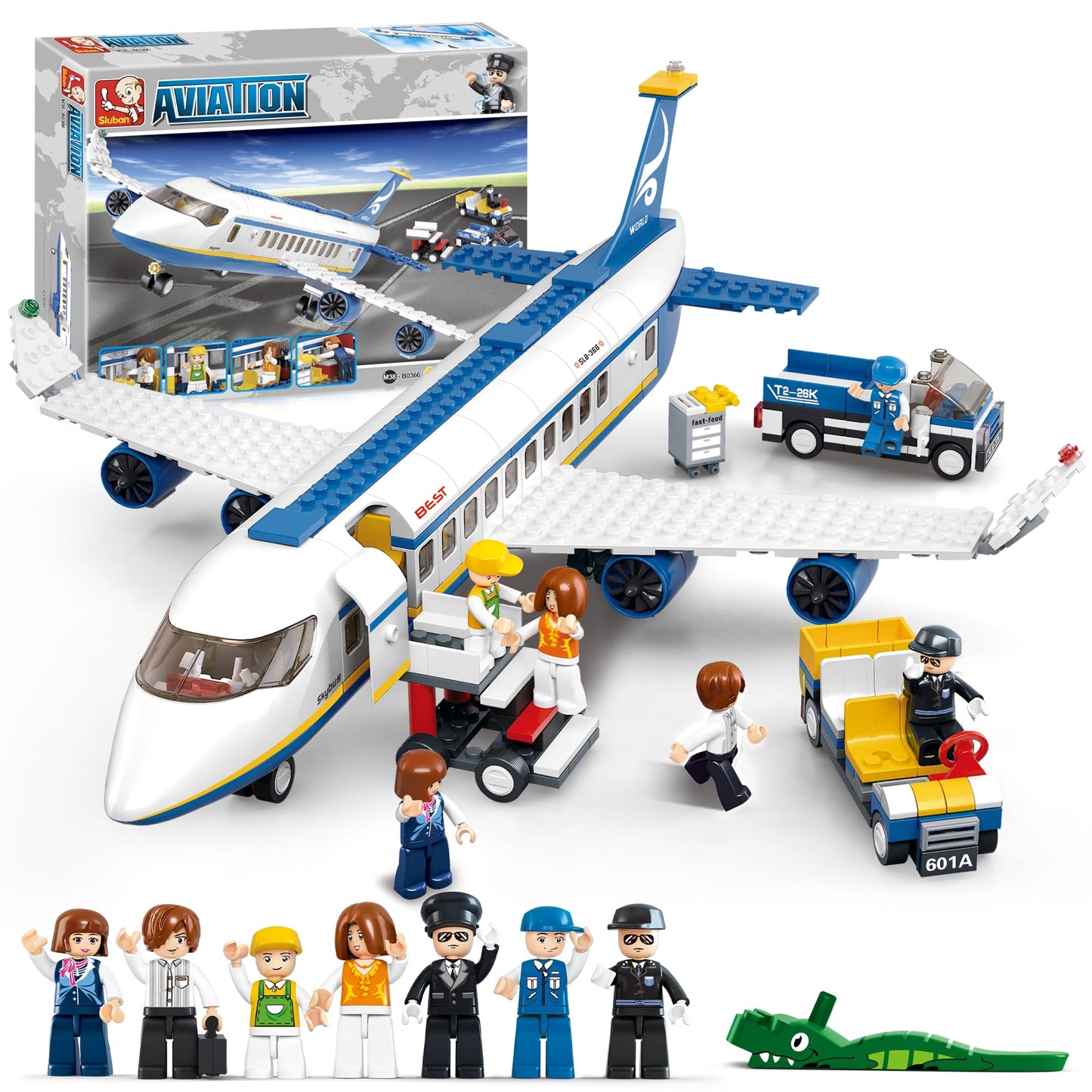 City Passenger Airplane Building Set, 4 In 1 Stem Toy With A Large Plane, Passenger Bus, Luggage Truck, Container Loader, And 7 Minifigures, Compatible With Lego Plane, Airport Gift For Boy 6+