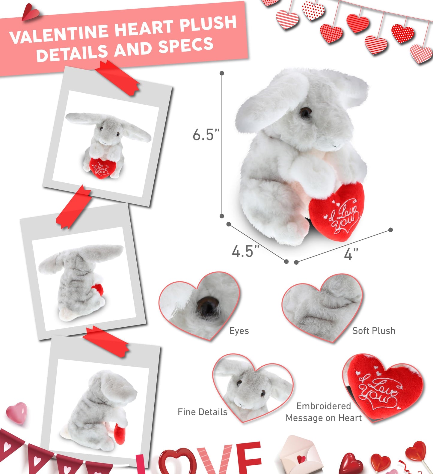Dollibu I Love You Valentine Plush Grey Rabbit - Cute Stuffed Animal With Red Heart And Name Personalization Gift For Valentines