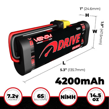 Venom Power - 7.2V 1C 4200mAh 6-Cell NiMH Battery - Universal Venom UNI Plug, 12 AWG Soft Silicone Wire Connector - Compatible w