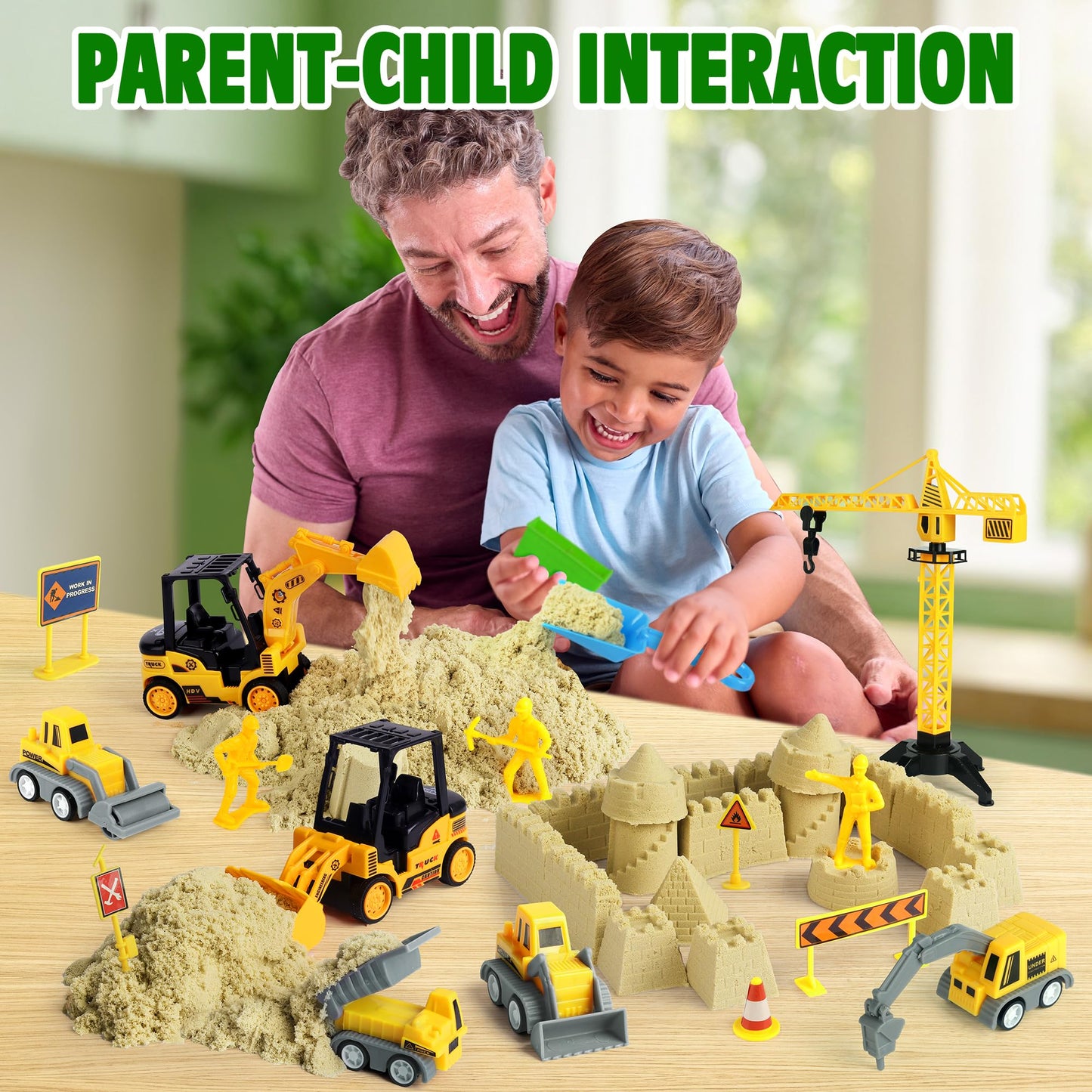 Billeeit Sand Construction Kit with A Big Foldable Sandbox and 2.2lbs Magic Sand, Truck Sand Construction Toys Including Castle