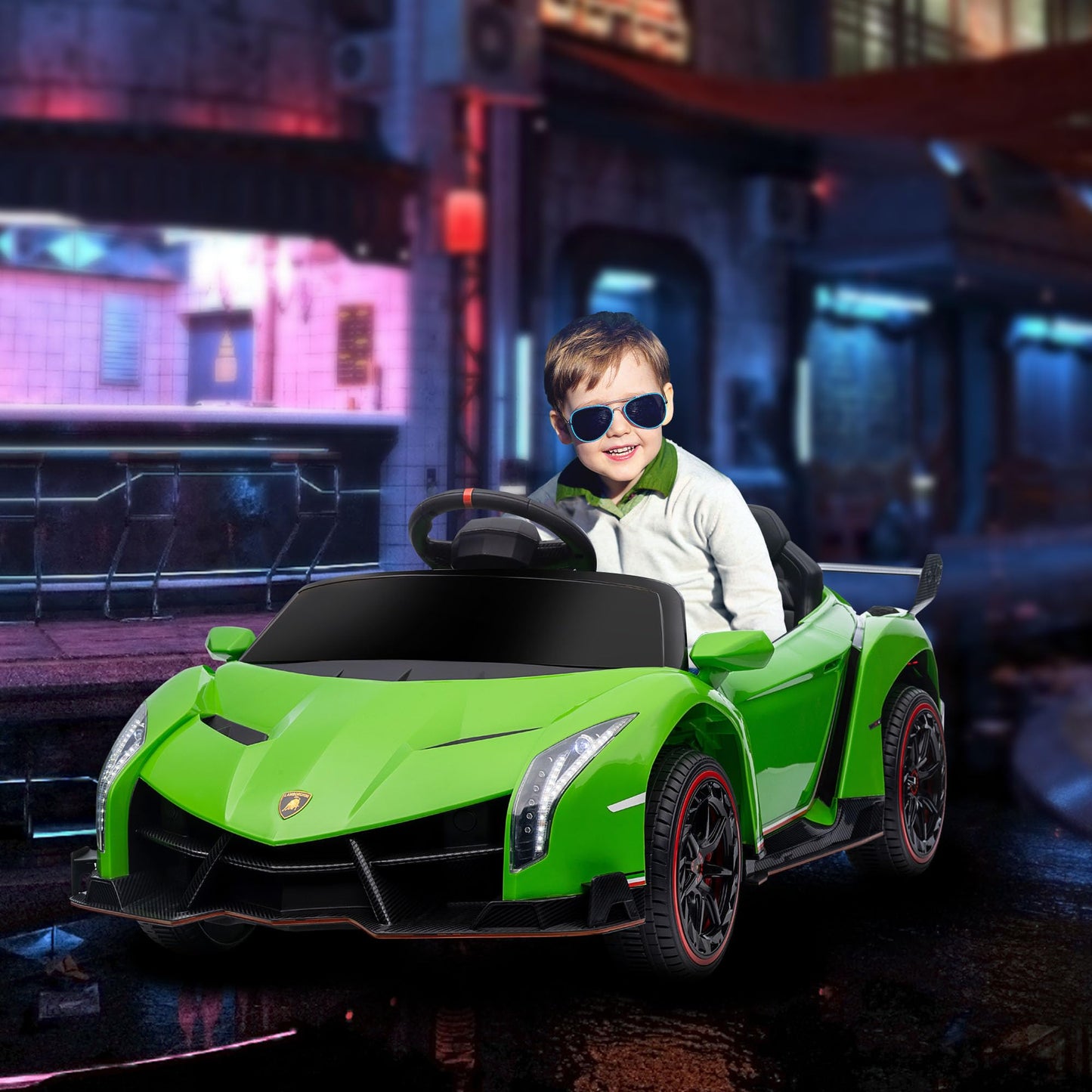 Aosom Lamborghini Veneno Licensed Kids Electric Car With Bluetooth, 12V Ride On Car With Butterfly Doors, Remote Control, Portable Battery, Suspension System, Horn, Songs, Lights, Green