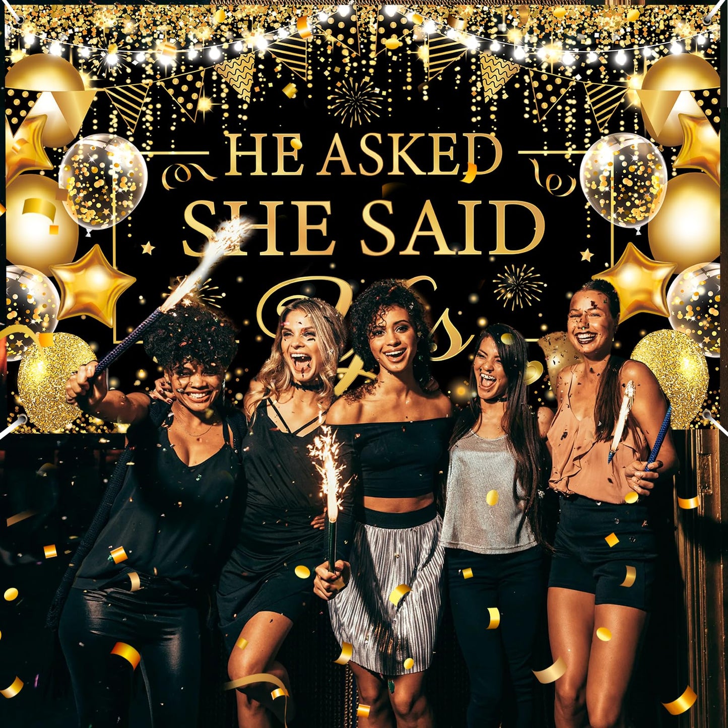 Gold Engagement Party Decorations Black Gold Engagement Banner Backdrop He Asked She Said Yes Banner Decorations Wedding Banner