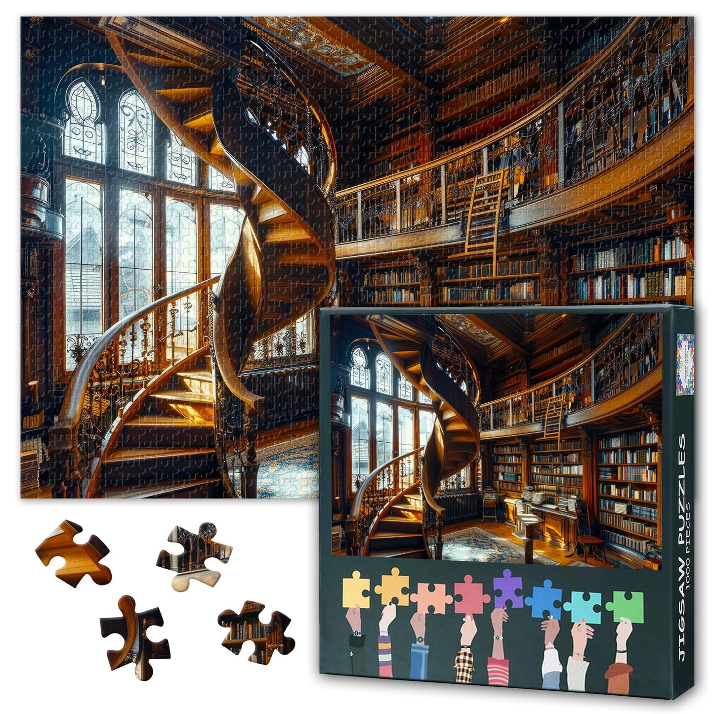 1000 Piece Jigsaw Puzzle for Adults,Traditional Library Setting with a Spiral Staircase Puzzle Impossible Hard Difficult Challen