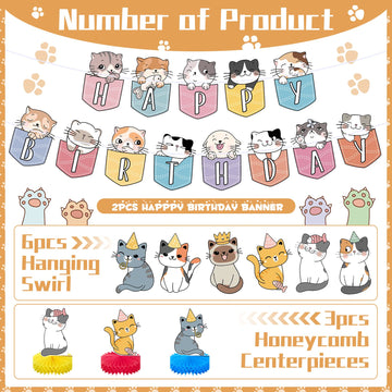 Chinco 16 Pcs Cat Theme Birthday Party Decorations Party Supplies Kit, Includes Cat Party Banner With 6 Hanging Cutouts 6 Hanging Swirl Decor And 3 Birthday Honeycomb Party Decoration(Cartoon Style)