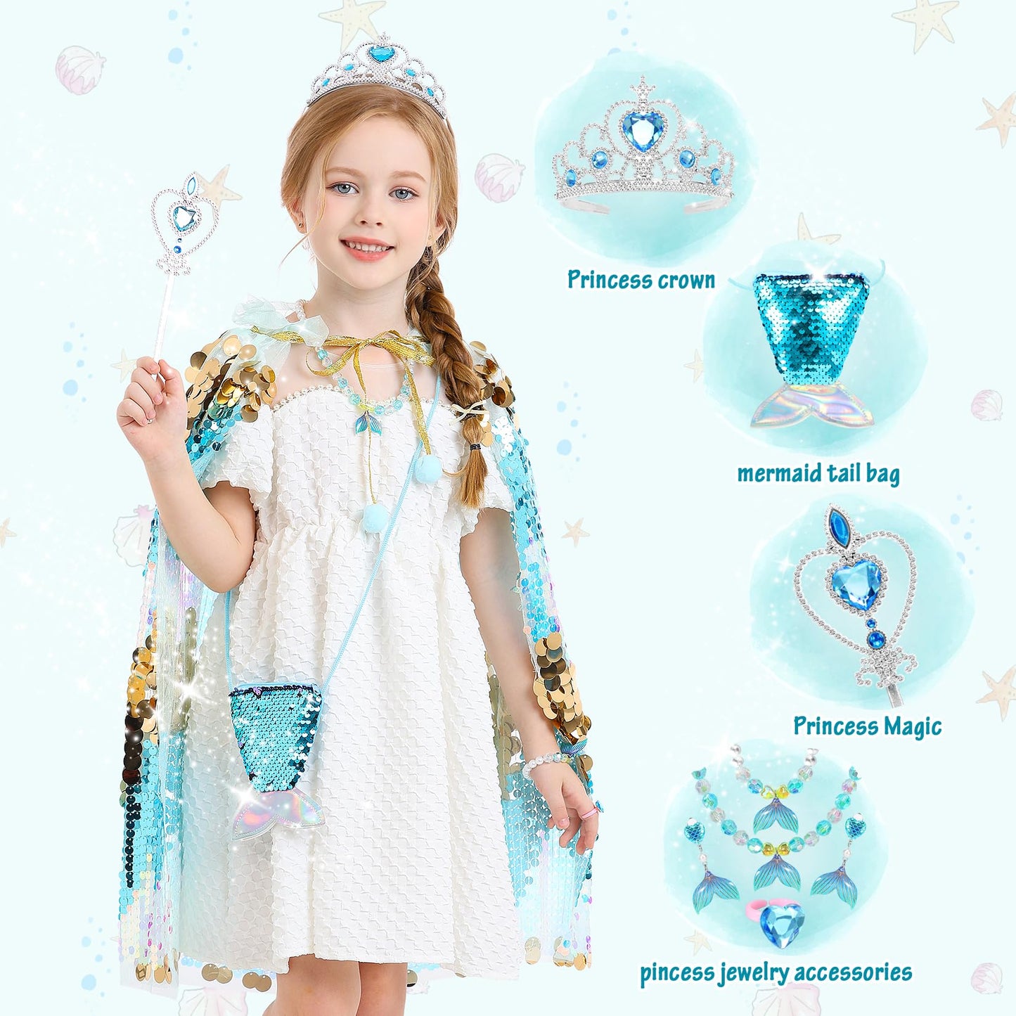 Limiroler Princess Dress Up Toys Mermaid Dress Up Cape Kit 9 Pcs Gift Set For Little Girls 3-8 Years Old, Princess Dress Up Clothes Set Gift For Birthday Christmas Party Halloween (Blue)