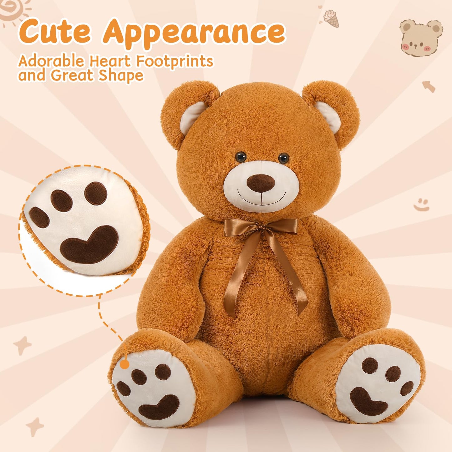Morismos Giant Teddy Bear Stuffed Animal 4Ft, Big Teddy Bear Plush For Baby Shower, Life Size Stuffed Bear Gifts For Kids, Girls, Girlfriend, Women On Valentine, Christmas, Birthday(Brown)