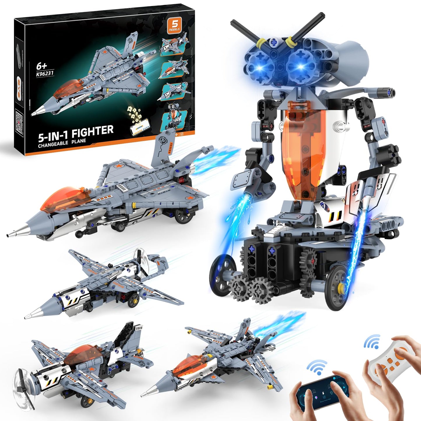 5 in 1 STEM RC Robot Building Kit, Fighter Jet Airplane Building Set with APP & 2.4GHz Remote Control, Transformable Fighter Pla