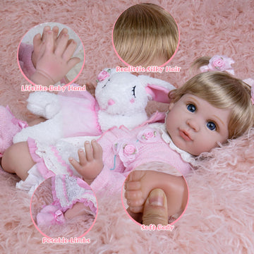 EKOKIZ Realistic Baby Doll 22-Inch Newborn Baby Doll Soft Cloth Body Lifelike Reborn Baby Dolls Cute Girls with Clothes and Toy