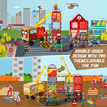 Magnetic Tiles Road Set with 2 Cranes & Double-Sided Magnet Tiles,Boys Toys for Ages 3-5 5-7 8-12,STEM Magnetic Building Constru