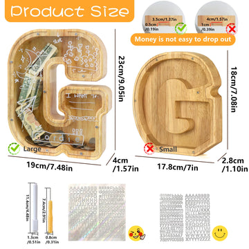 weallbuy Large Letter Piggy Bank for Kids Boys Girls Wooden Personalized Piggy Banks A-Z with Target Area Clear Alphabet Banknote Coin Banks for Gift Decoration Baptism (G)