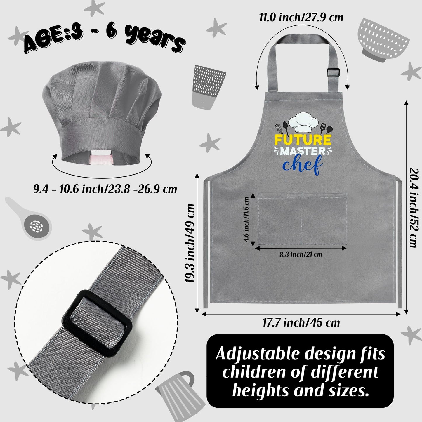 R HORSE Kid Apron and Chef Hat Set 2Pcs Adjustable Children Gray Kitchen Apron, Dress up Role Play Chef Toy Cooking Baking Paint