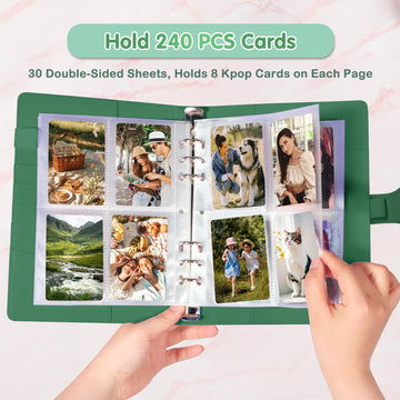 A5 Photocard Holder and Binder PU Leather 6-Ring Album with Magnetic Closure Includes 30 Pack 4-Pocket Pages for 240 Cards Card Holder for Kpop Trading and ID Cards (Forest Green)