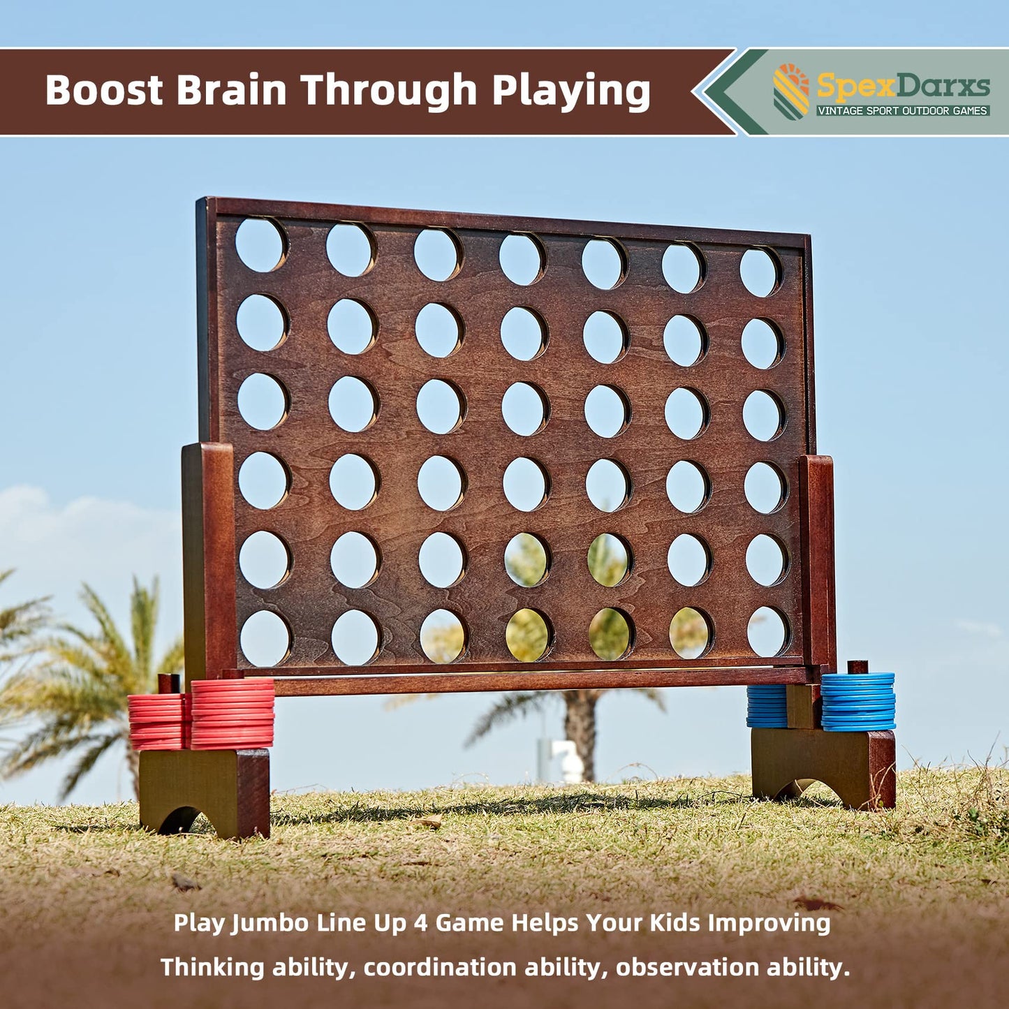 Spexdarxs Giant 4 In A Row Game, Wooden Jumbo 4-To-Score Set For Indoor & Outdoor Family Fun-Line Up Four Travel Board Games With 42 Coins & Ring Holders & Carrying Bag