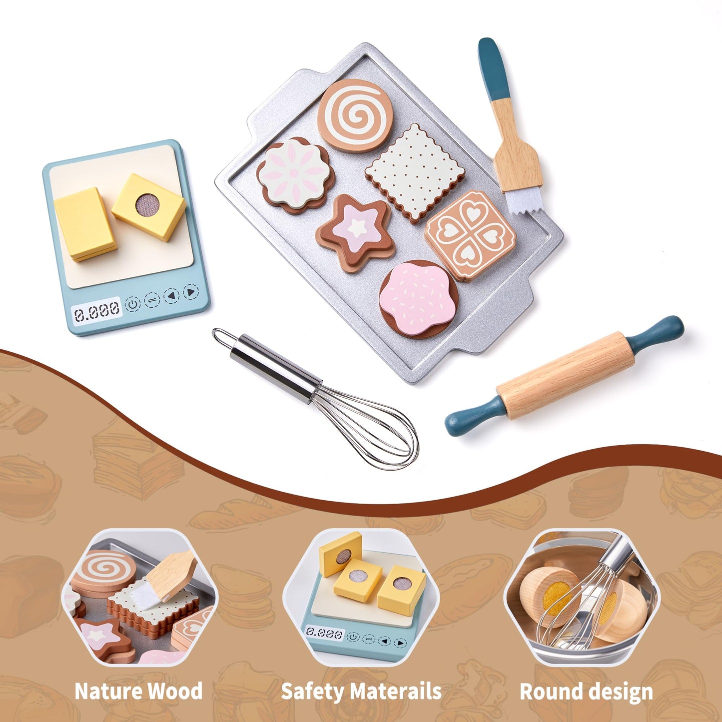 Toywoo Wooden Play Food Set for Kids - Pretend Kitchen Accessories with Shopping Bag & Cutting Toys, Gift for Ages 3-6, White/Brown/Pink