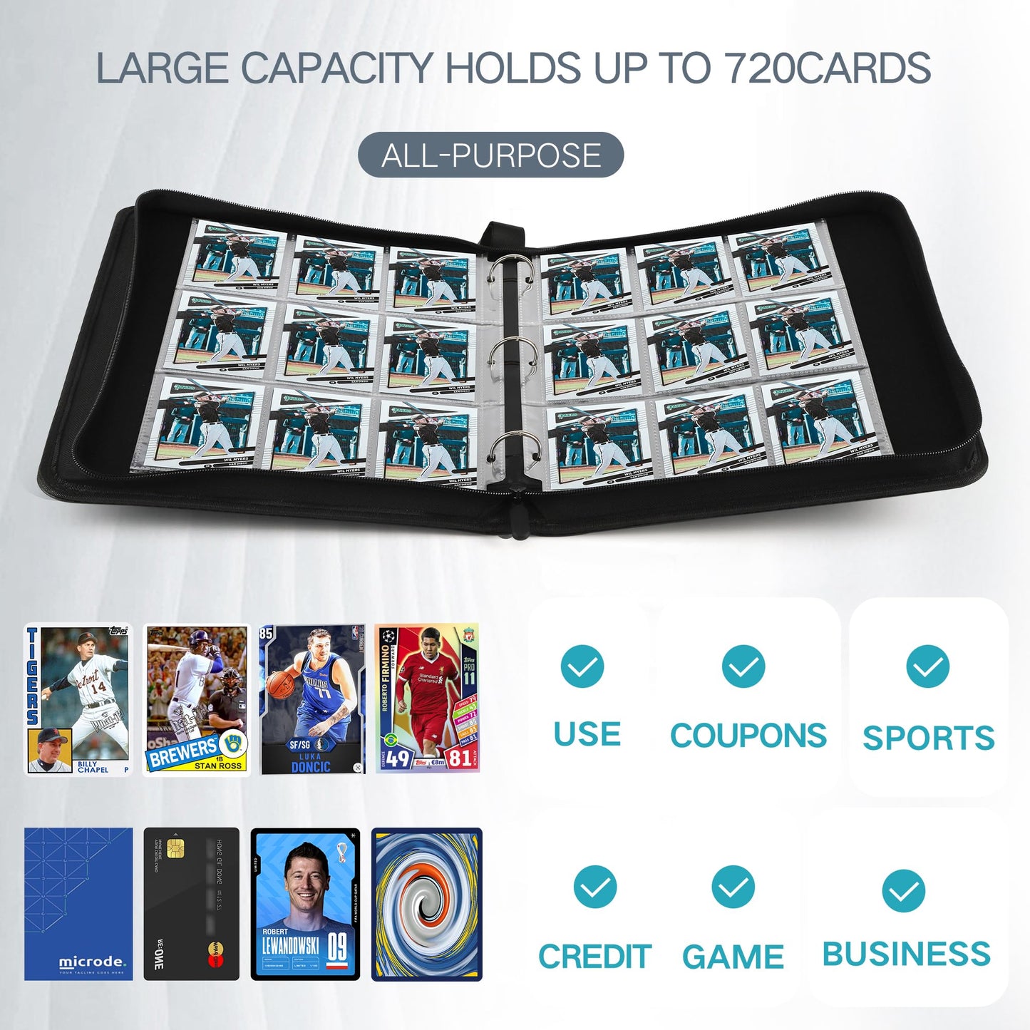 Trading Card Binder With Sleeves 9 Pocket Card Binder Premium 720 Double Sided Pocket Pu Card Collection Binder, Collectible Alb