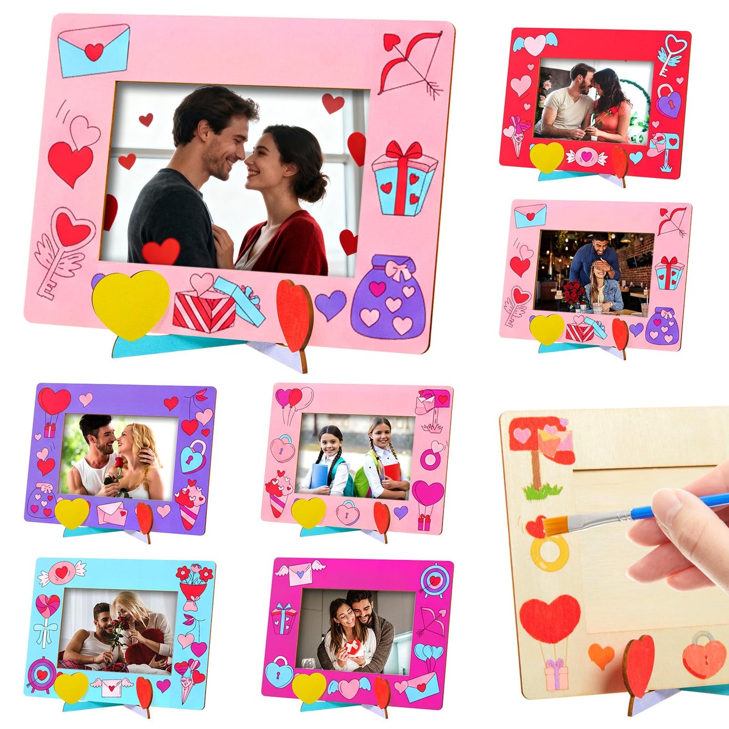 Geelin 12 Packs Wooden Valentine s Day Picture Frame Craft Kits 4x6 Inch DIY Photo Frames for Galentine s Day Party Favor Home