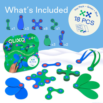 Clixo Itsy Magnetic Toy For Kids - Flexible, Durable, Imagination-Boosting Magnet Building Toy. Educational Multi-Sensory Stem Experience. Great As A Travel Game. Ages 4-99. 18 Piece Pack