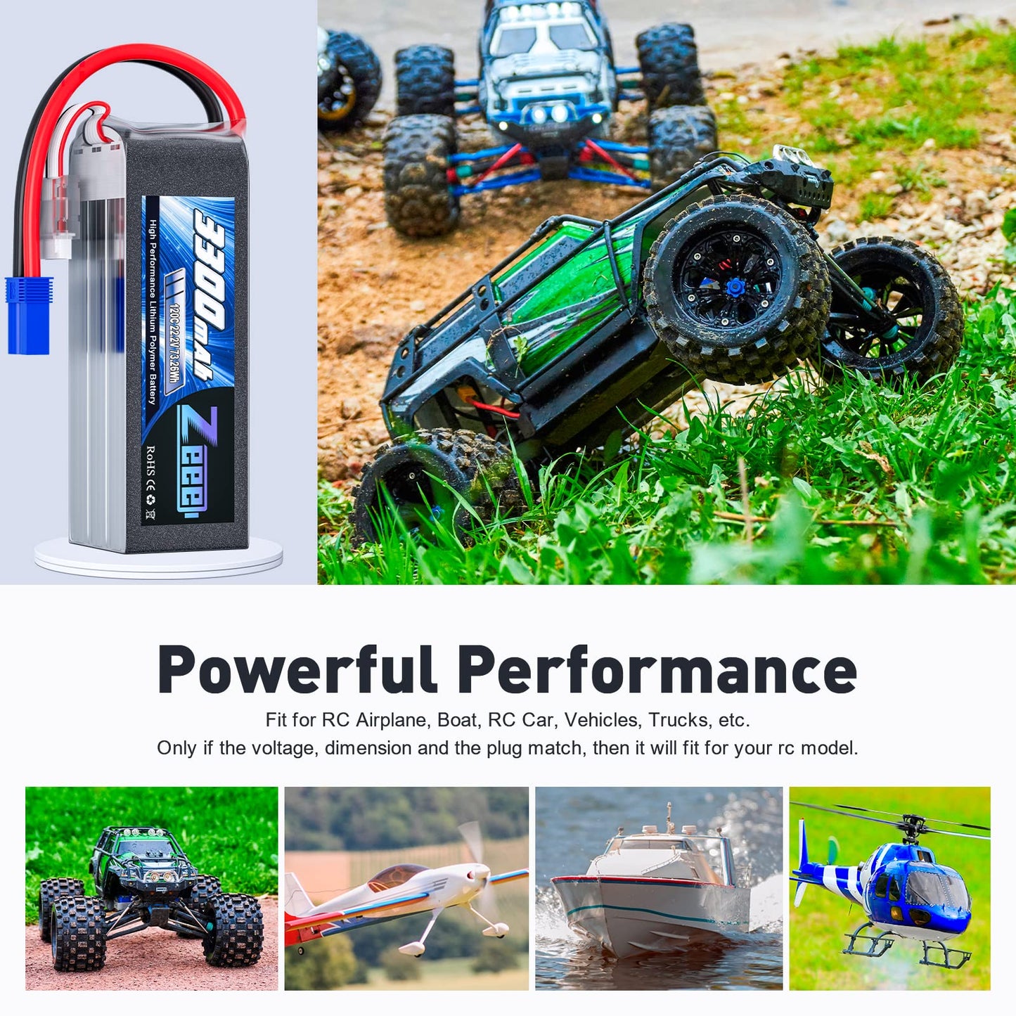 Zeee 6S Lipo Battery 3300mAh 22.2V 120C EC5 Connector - 2 Pack for RC Airplane, Helicopter, Car, Truck, Drone