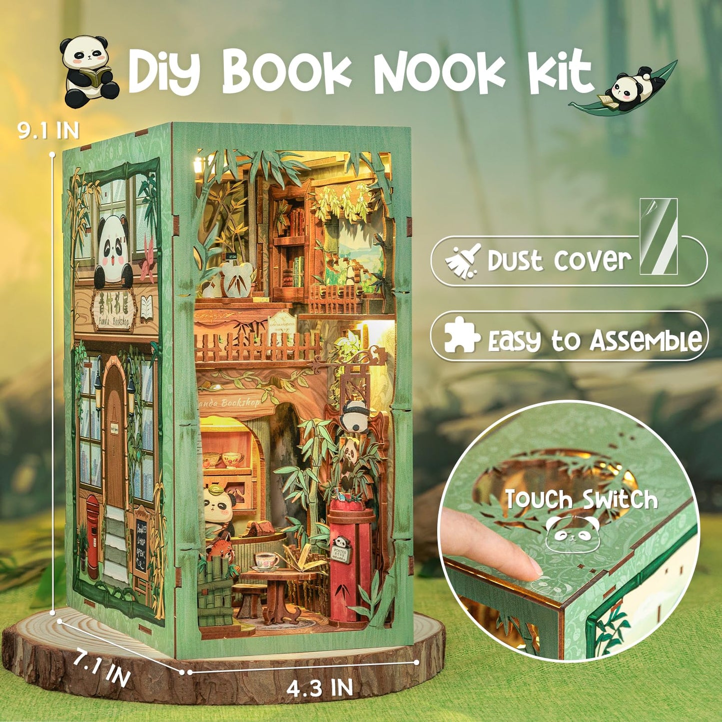 CUTEBEE Book Nook Kit - DIY Miniature House Dollhouse Kit for mature-themed and Teens Booknook Bookshelf Decor Alley Model Build with LED Light Gifts for Family and Friends (Panda Bookshop)
