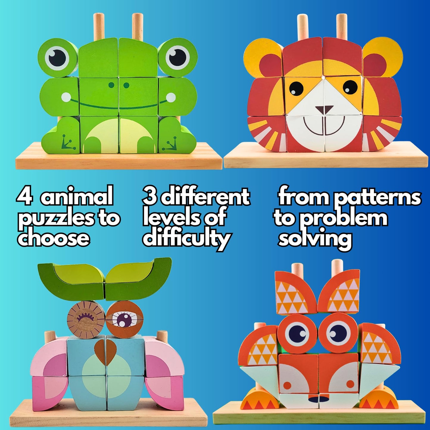 Wooden Puzzles Montessori Building Blocks - Learning Educational Preschool Toys, 3D Animal Stacking Puzzles For Toddlers 3,4, 5,