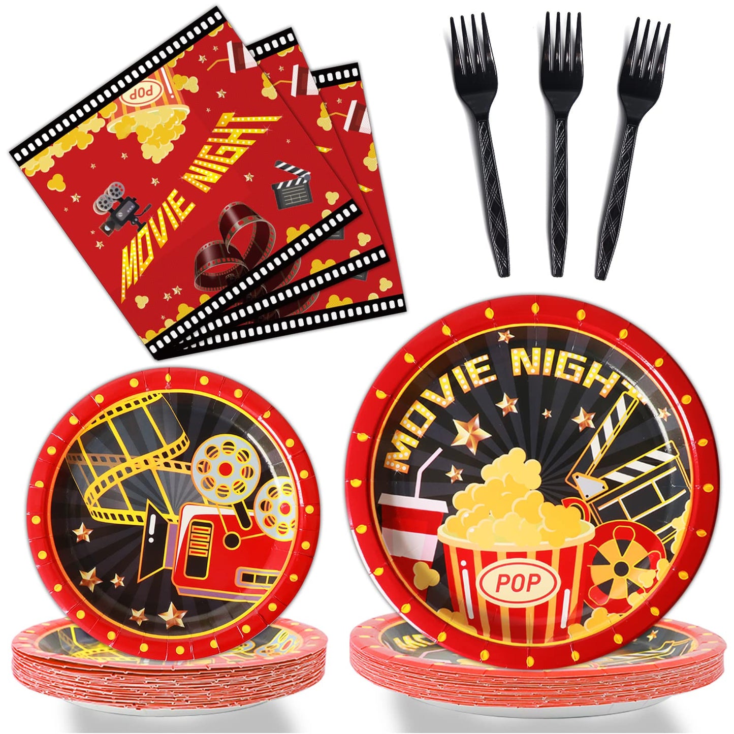 96 Pcs Movie Night Party Supplies Paper Plates Napkins Movie Party Tableware Set Awards Ceremony Theme Party Decorations Favors