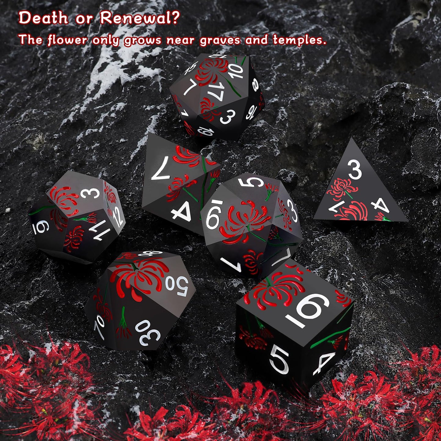 Pjoy Metal Dice Set D&D Flower Dice Set Dnd Polyhedral Dice For Rpg Role Playing Games Dungeons And Dragons Ttrpg Black Red Whit