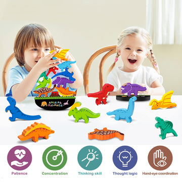 Fftroc Montessori Dinosaur Toys For 2 3 4 Year Old Boys - Wooden Stacking Dinosaur Toys For Kids 2-4 3-5, Toddler Balancing Bloc
